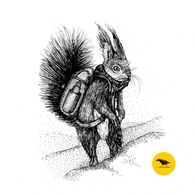 Schwarzweisse Tintezeichnung eines Eichhörnchens mit Schal und Rucksack