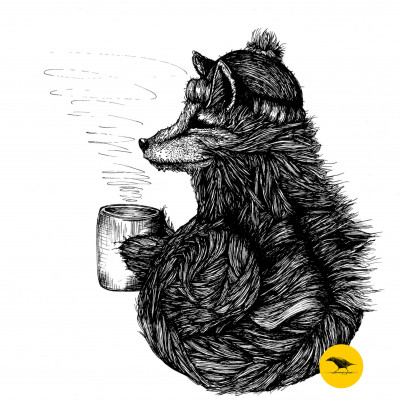 Schwarzweisse Tintezeichnung eines Fuchses, der eine Mütze trägt und eine Tasse hält