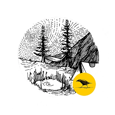 Schwarzweisse Tintezeichnung einer Landschaft