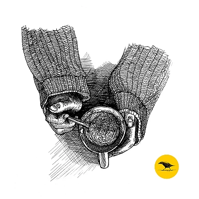 Tintezeichnung. Zwei Hände, in einen dicken Pullover gehüllt, halten eine Tasse und einen Löffel