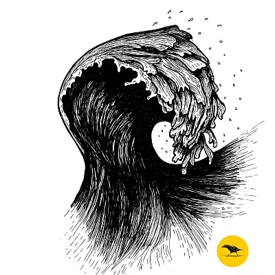 Schwarzweisse Tintezeichnung einer Welle