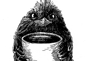 Schwarze Zeichnung eines Vogels, der eine Tasse in den Flügeln hält.