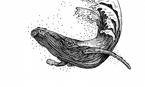 Schwarze Zeichnung eines Pottwals dessen Schwanzflossen in Wellen übergehen.